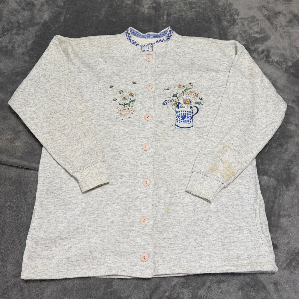 Morning Sun Sz Petite Large Vintage Floral Watering Can Sweatshirt Cardigan Gray